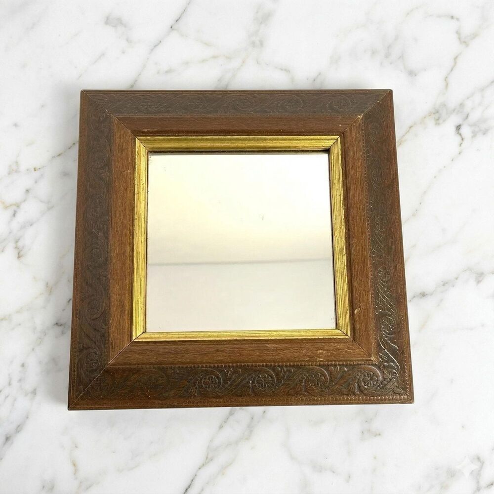 Vintage Home Interiors & Gifts Square Mirror Homco Faux Wood Gold Trim